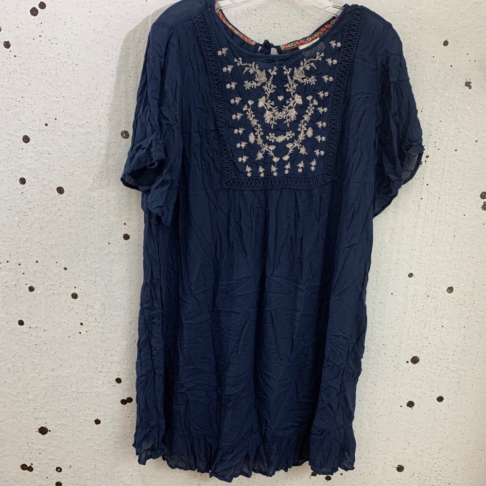 Knox Rose Navy Blue Embroidered Boho Shift Dress Flutter Sleeve Tassel Tie Large